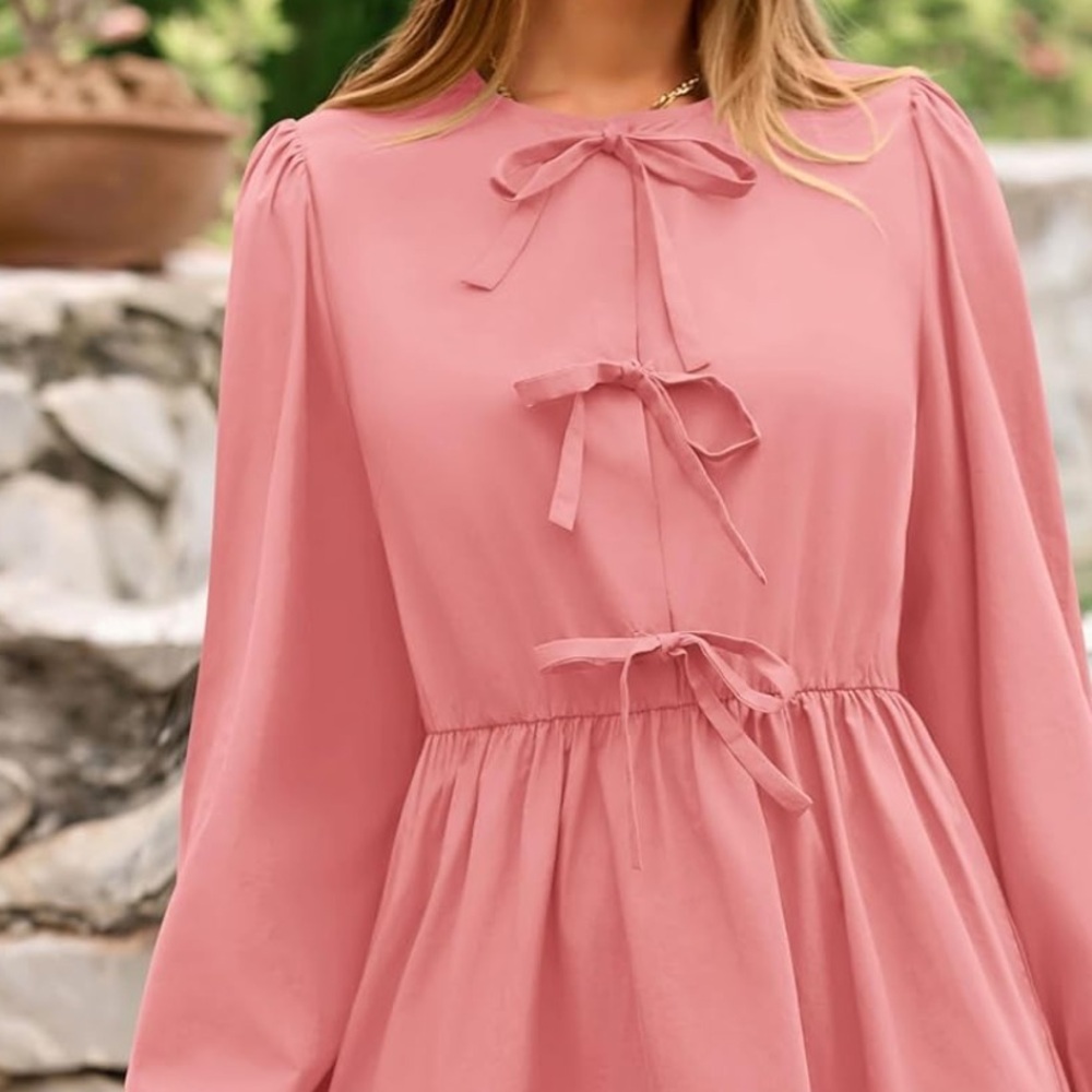 Pink Cotton bow front long sleeve mini dress,puff sleeve, spring, preppy - Picture 5 of 7